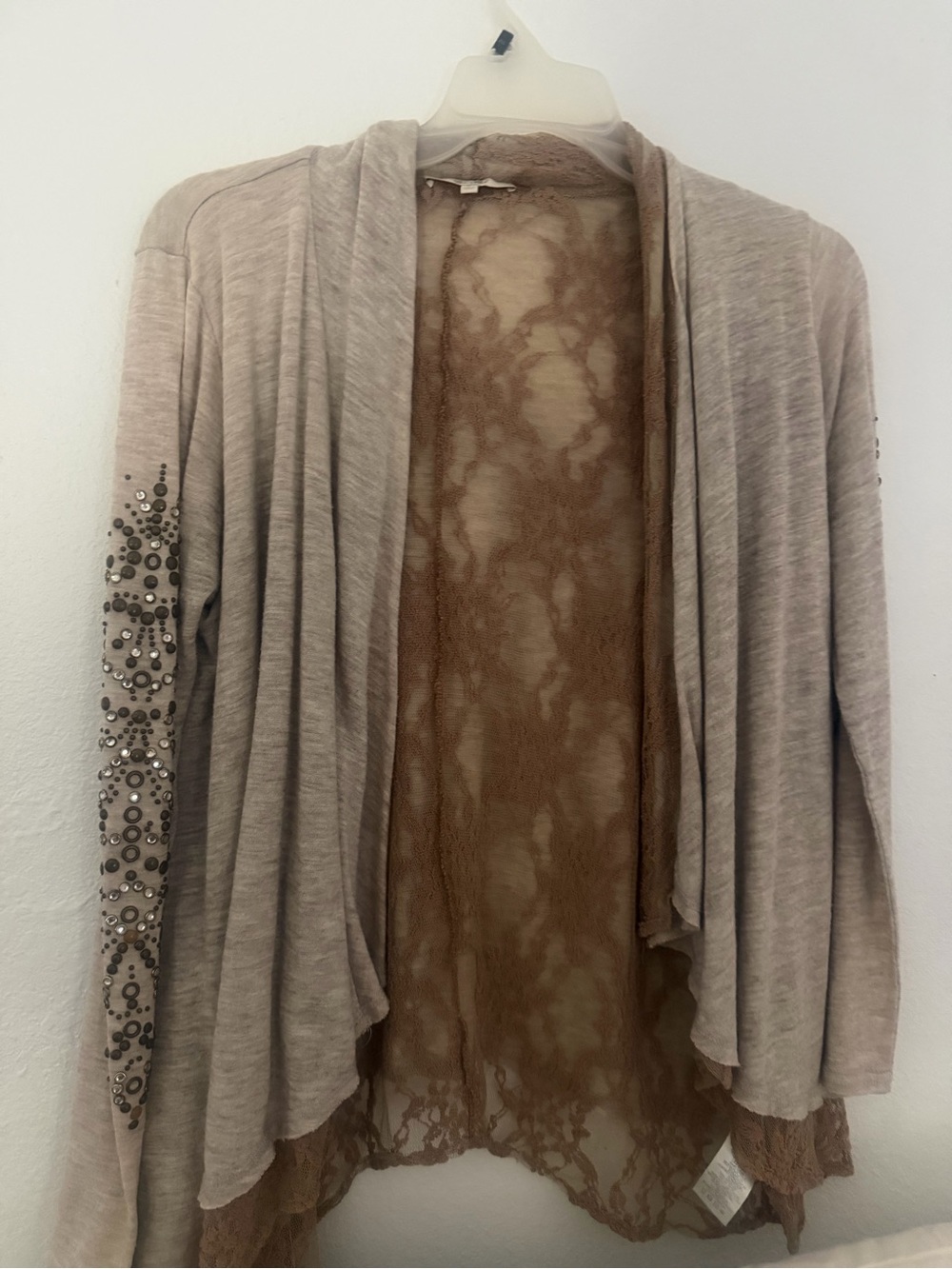 Miss Me Taupe Lace-Back Open Front Cardigan with Embellished Sleeves